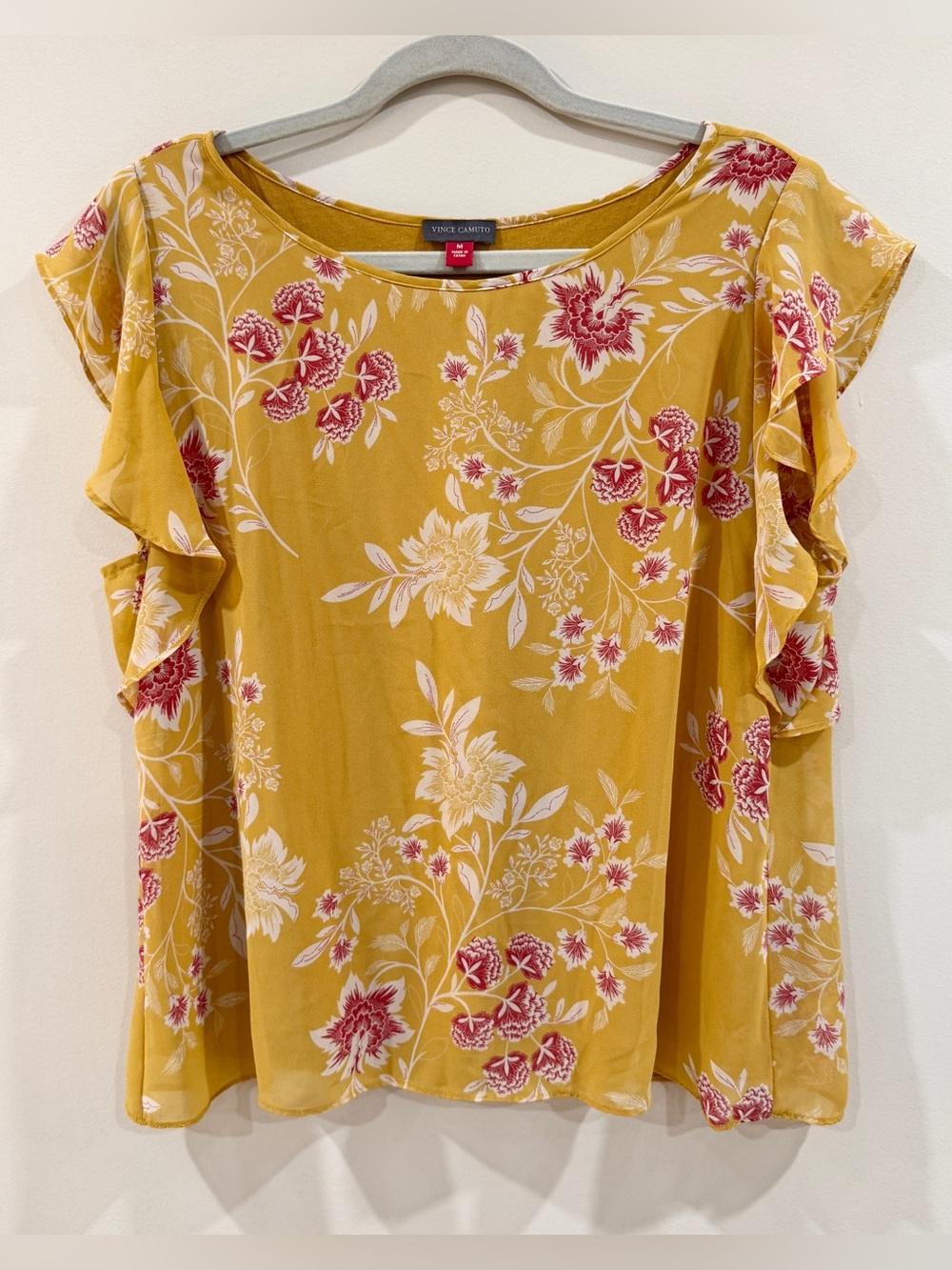 Vince Camuto Mustard Floral Flutter Sleeve Sheer Overlay Blouse Cottage Boho